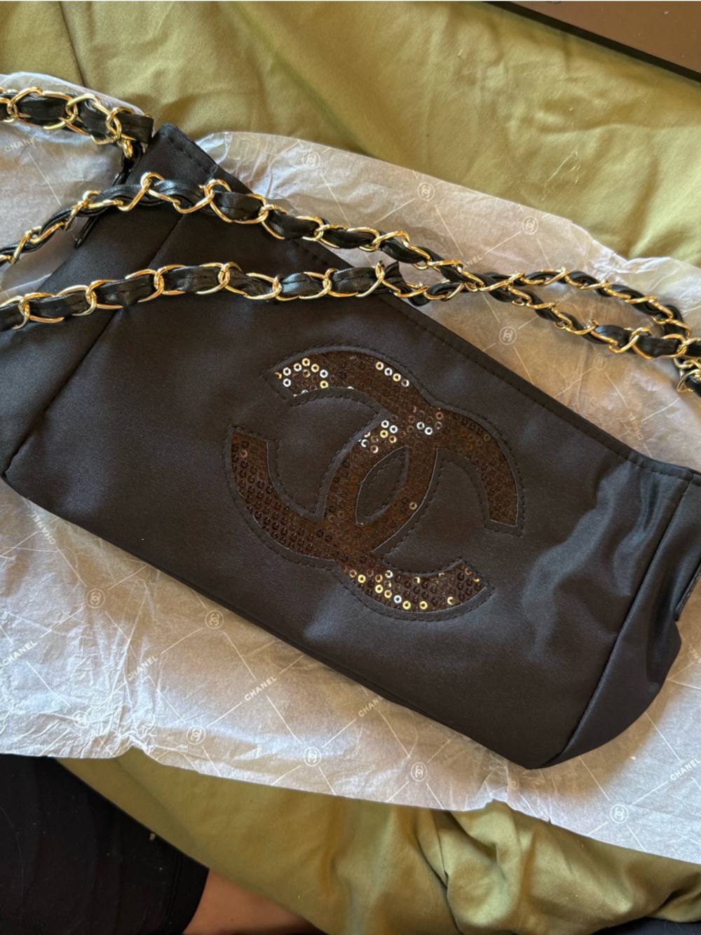 CHANEL Black Sequin CC Logo Wristlet